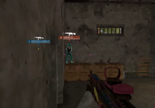 PUBG ESP highlighting an enemy with cyan outline and pink aim crosshair in a concrete building